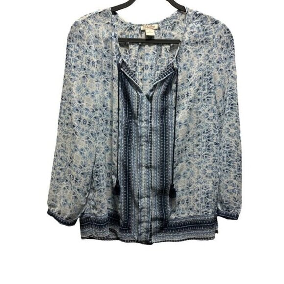 Lucky Brand Women's Long Sleeve Sheer Boho Floral Print Blouse Size Medium Blue - Picture 1 of 10